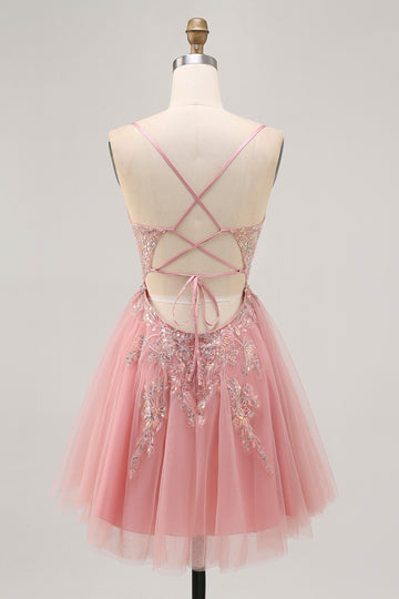 Sparkly Blush A-line Tulle Sequins Short Homecoming Dress with Lace Up Back